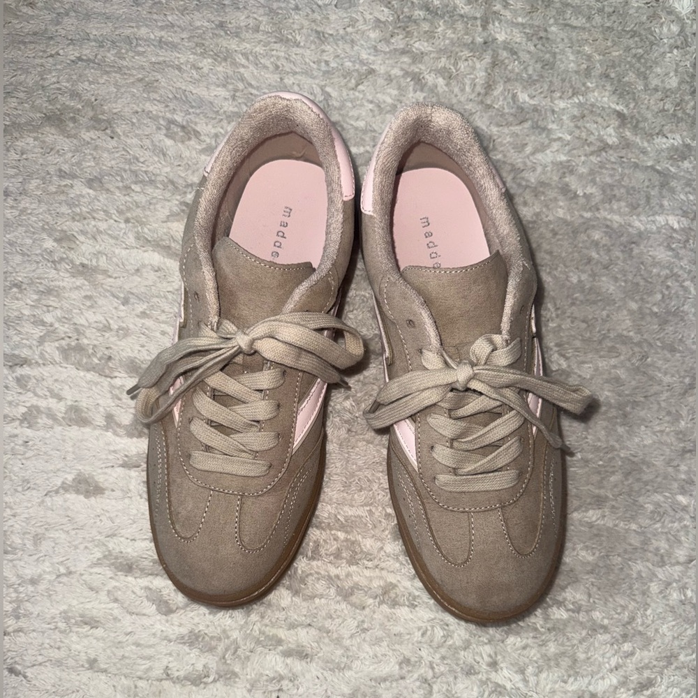 Madden Girl Tan and Pink Sneakers with Suede-like Finish